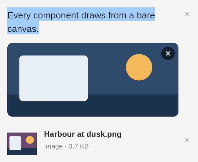 A selected sentence, a captured screen region and a picture file with its thumbnail