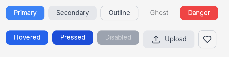 Ten buttons: five variants, three states, one with an icon and one icon-only