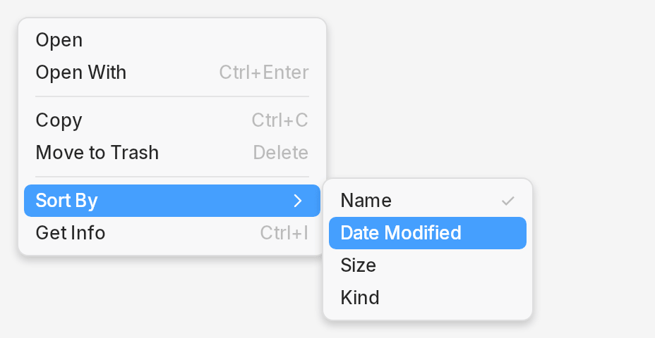 A context menu with separators and its Sort By submenu open beside it
