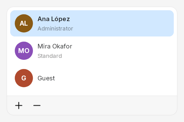 A card of three accounts with one selected and add and remove buttons