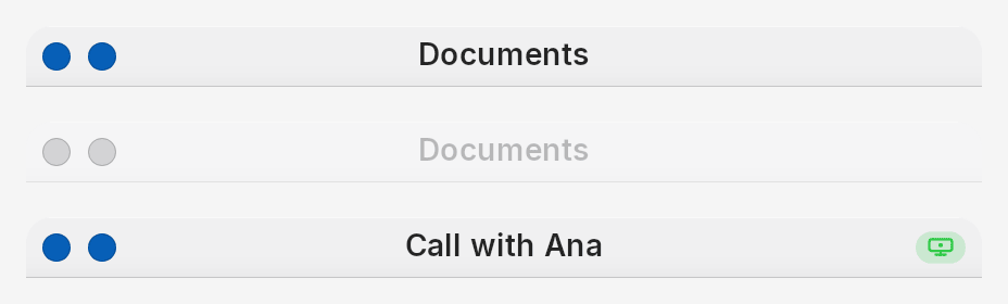 Three titlebars: active, inactive, and active with the sharing badge