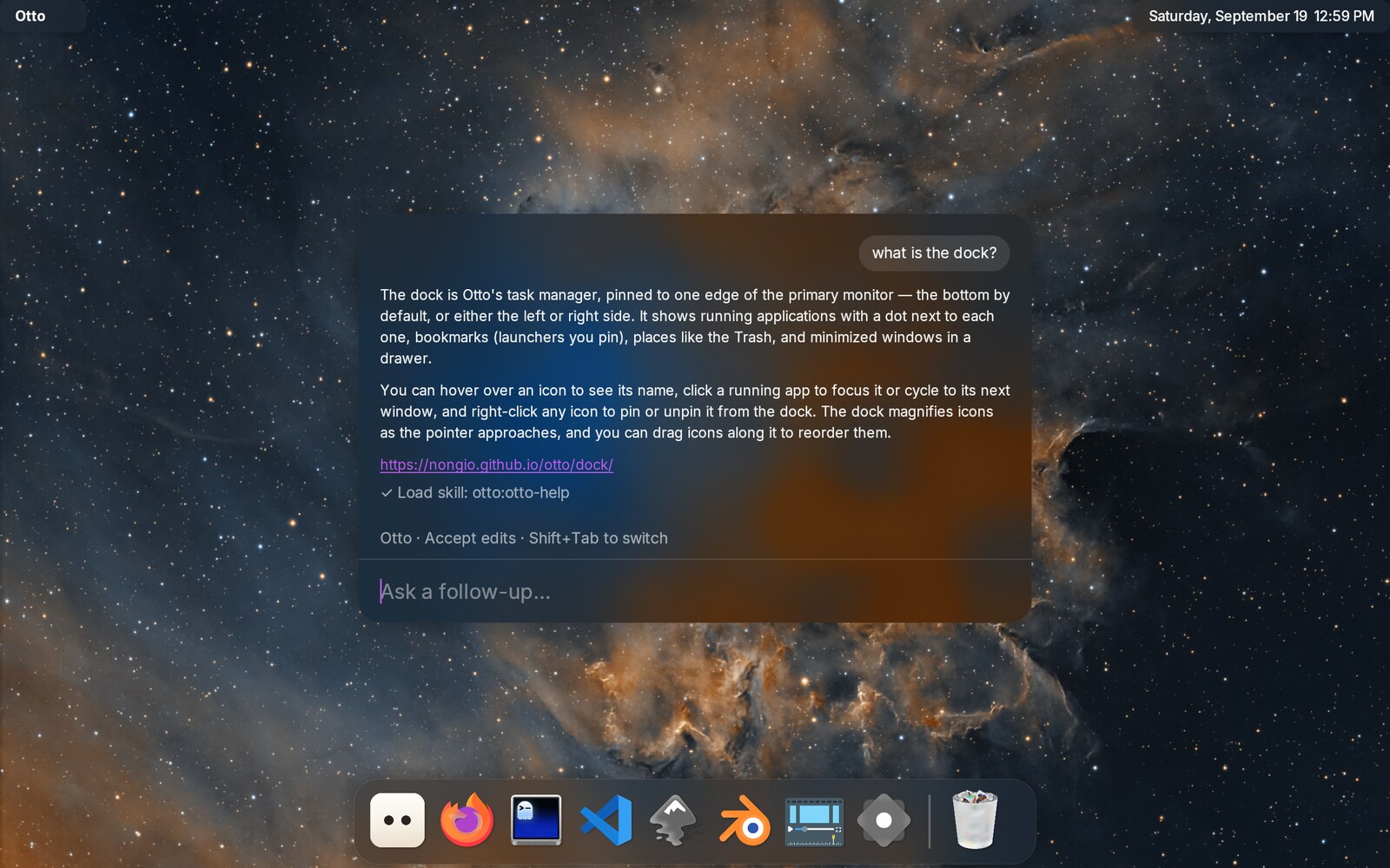 An answer in the Ask panel: two paragraphs about the dock, a link to the documentation, and the skill it loaded to answer