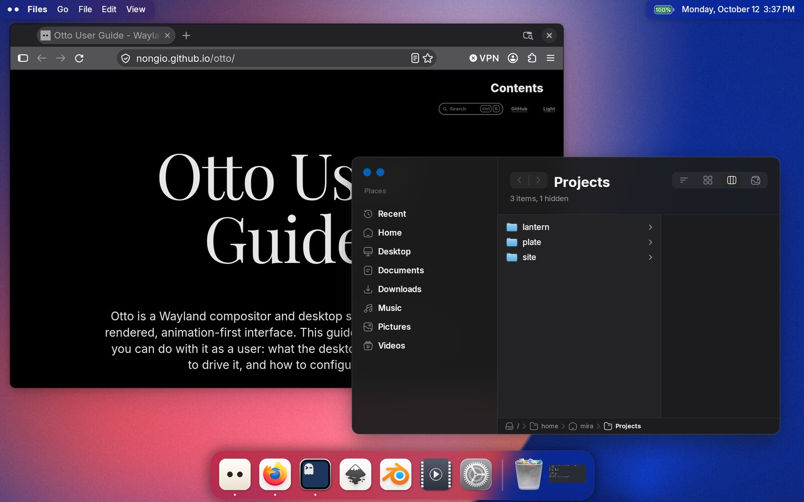 The Otto desktop: the top bar with the focused application’s menus and the clock, a browser and a Files window over the wallpaper, and the dock along the bottom