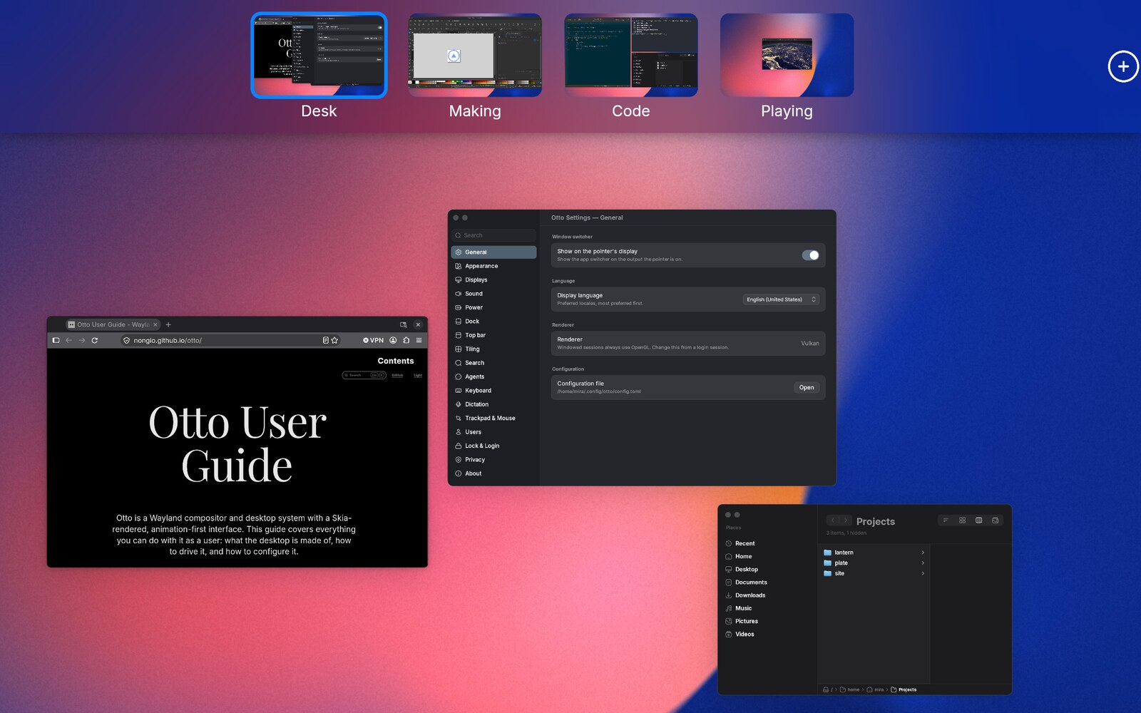 Exposé: four named workspace previews in a strip along the top, and below them every window on the current workspace laid out side by side