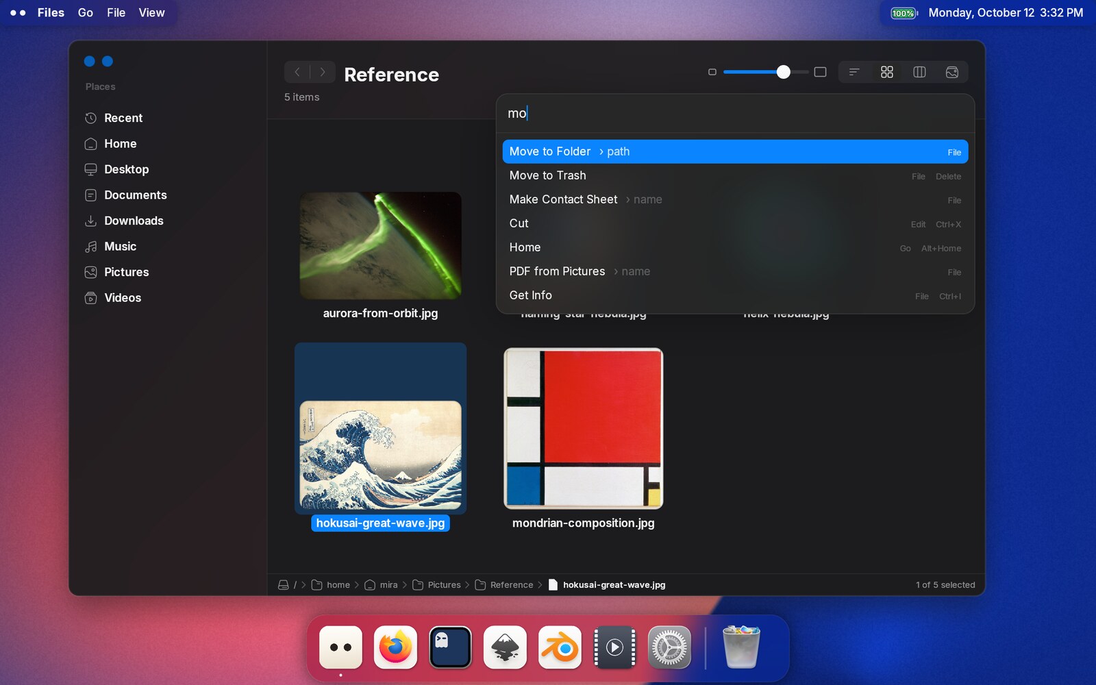 The command palette over a Files window with &ldquo;mo&rdquo; typed, listing Move to Folder, Move to Trash and other matches, each with its menu and shortcut on the right