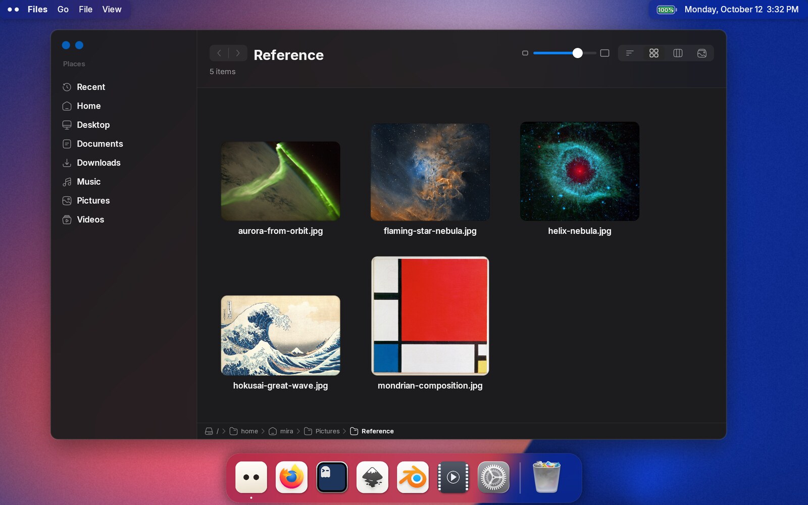 The Files window in icon view, showing a folder of pictures as large thumbnails with the sidebar of places on the left and the path along the bottom