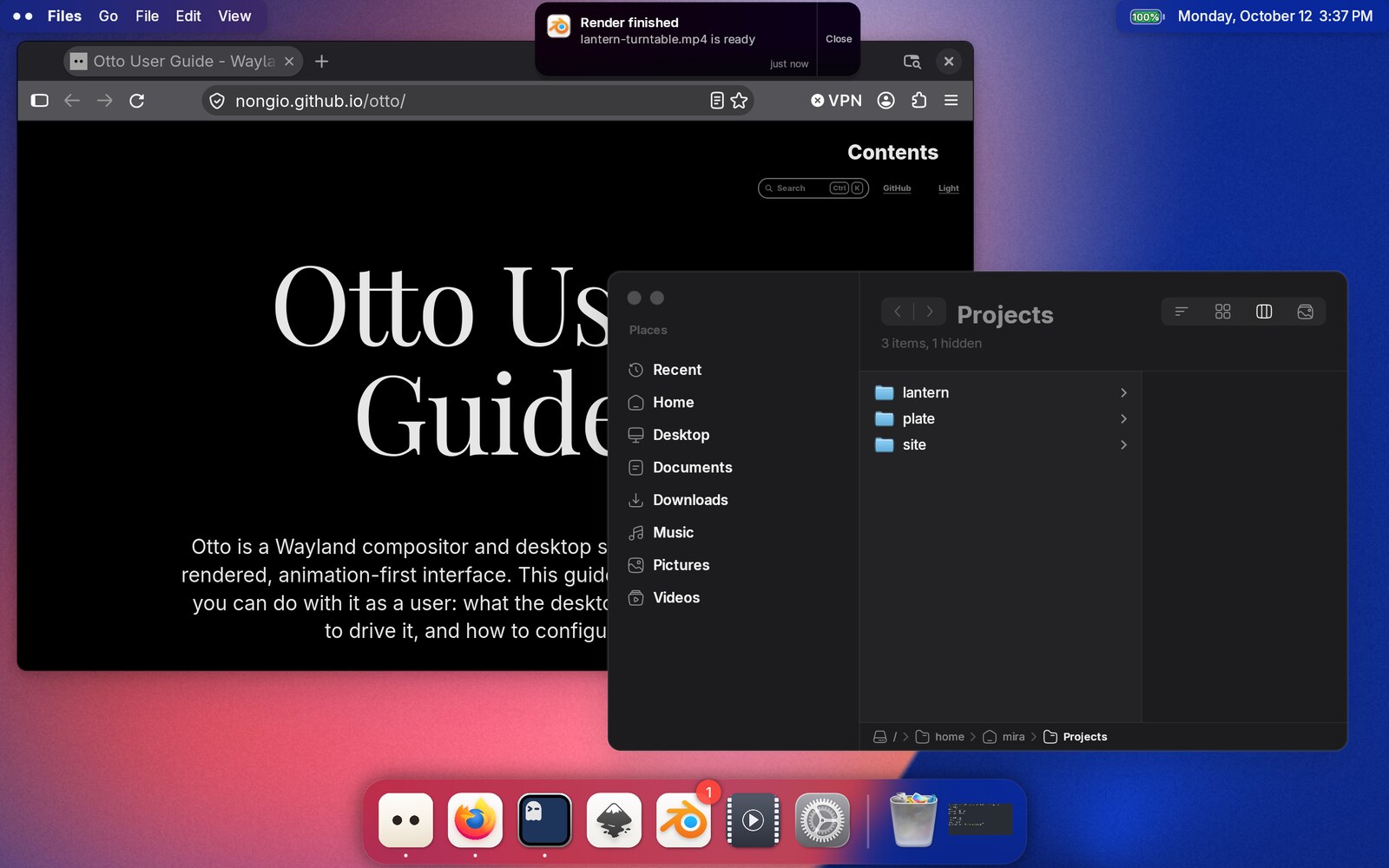 A notification from the island at the top of the screen, reading &ldquo;Render finished&rdquo;, with a Close button