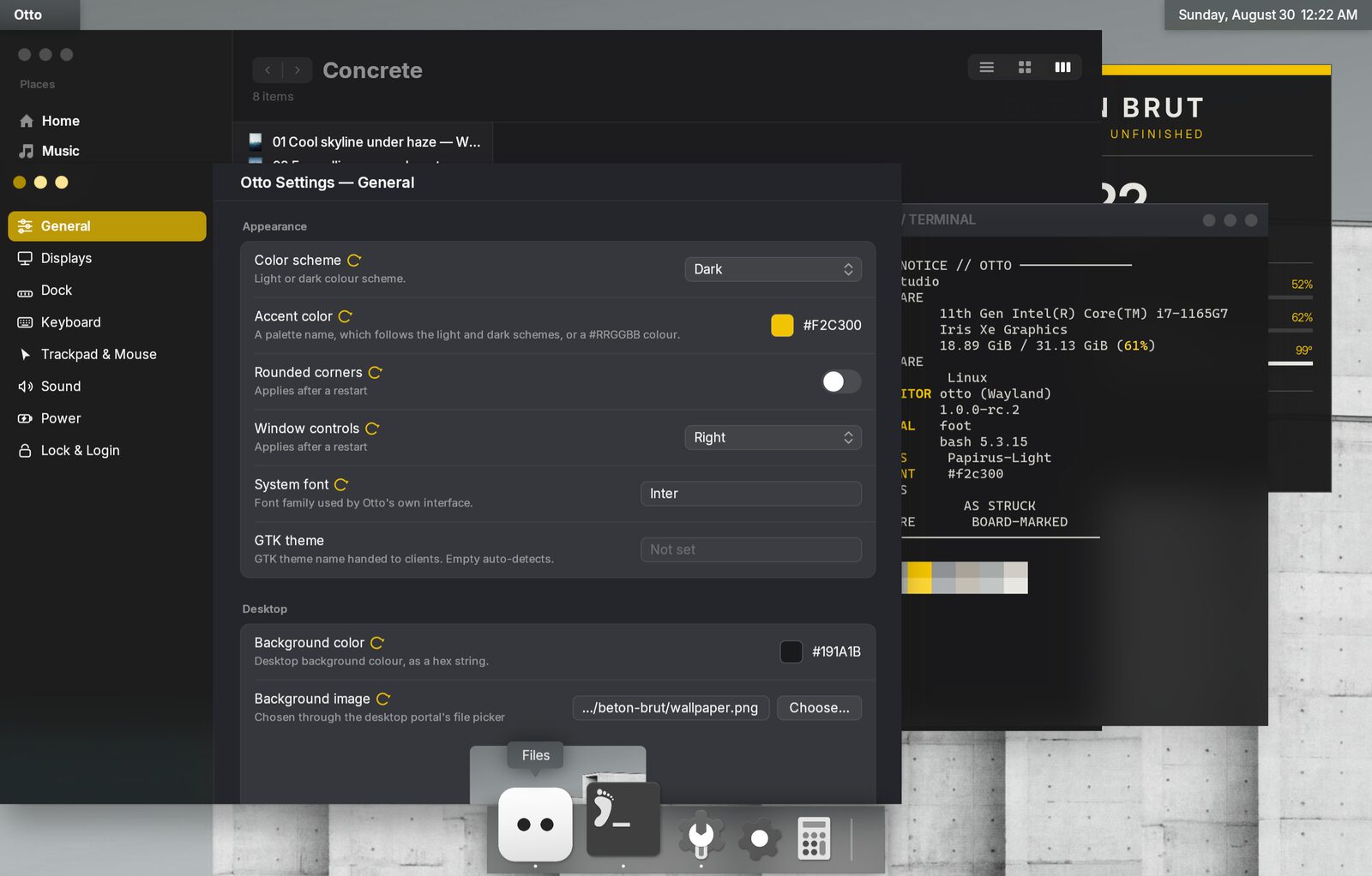 Otto Settings open on the same desktop, showing the accent as a hex swatch