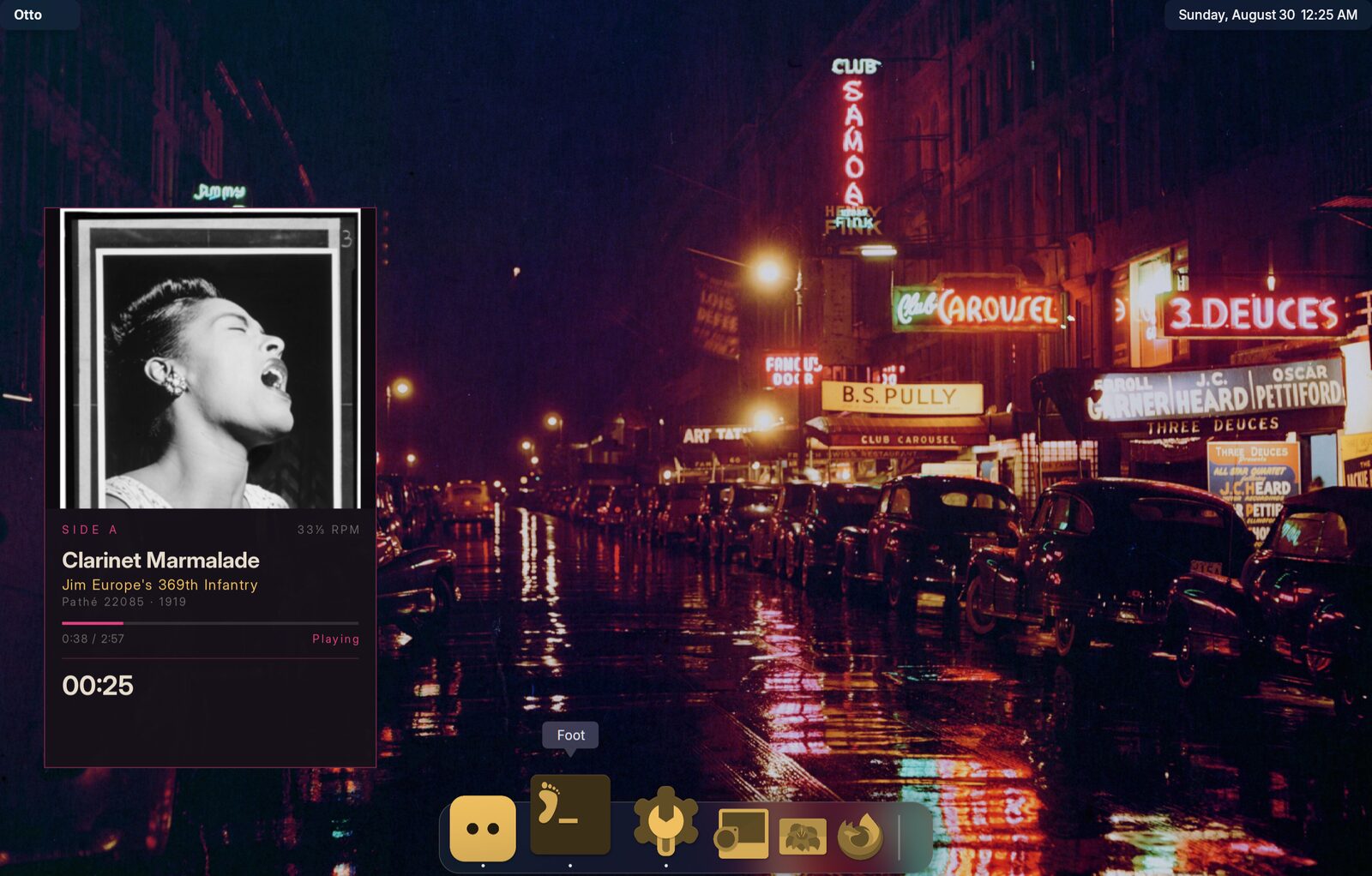 An Otto desktop with an eww now-playing panel and a gold-tinted dock