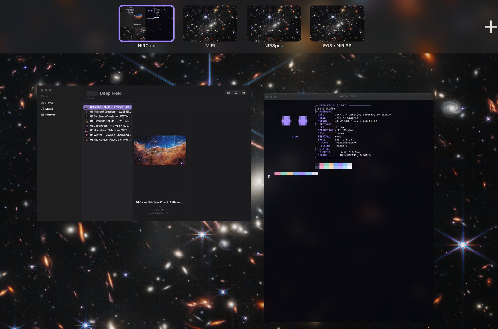 Exposé on the same desktop, window previews with the workspace strip above them