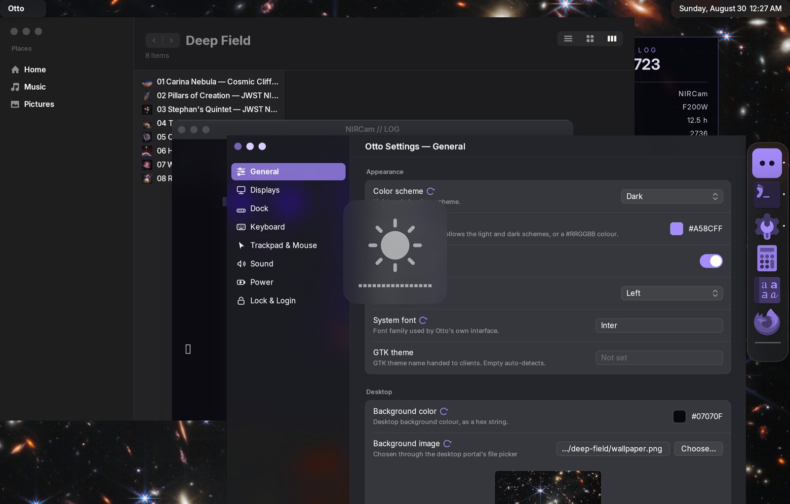 The brightness indicator over the same desktop, with Settings open behind it