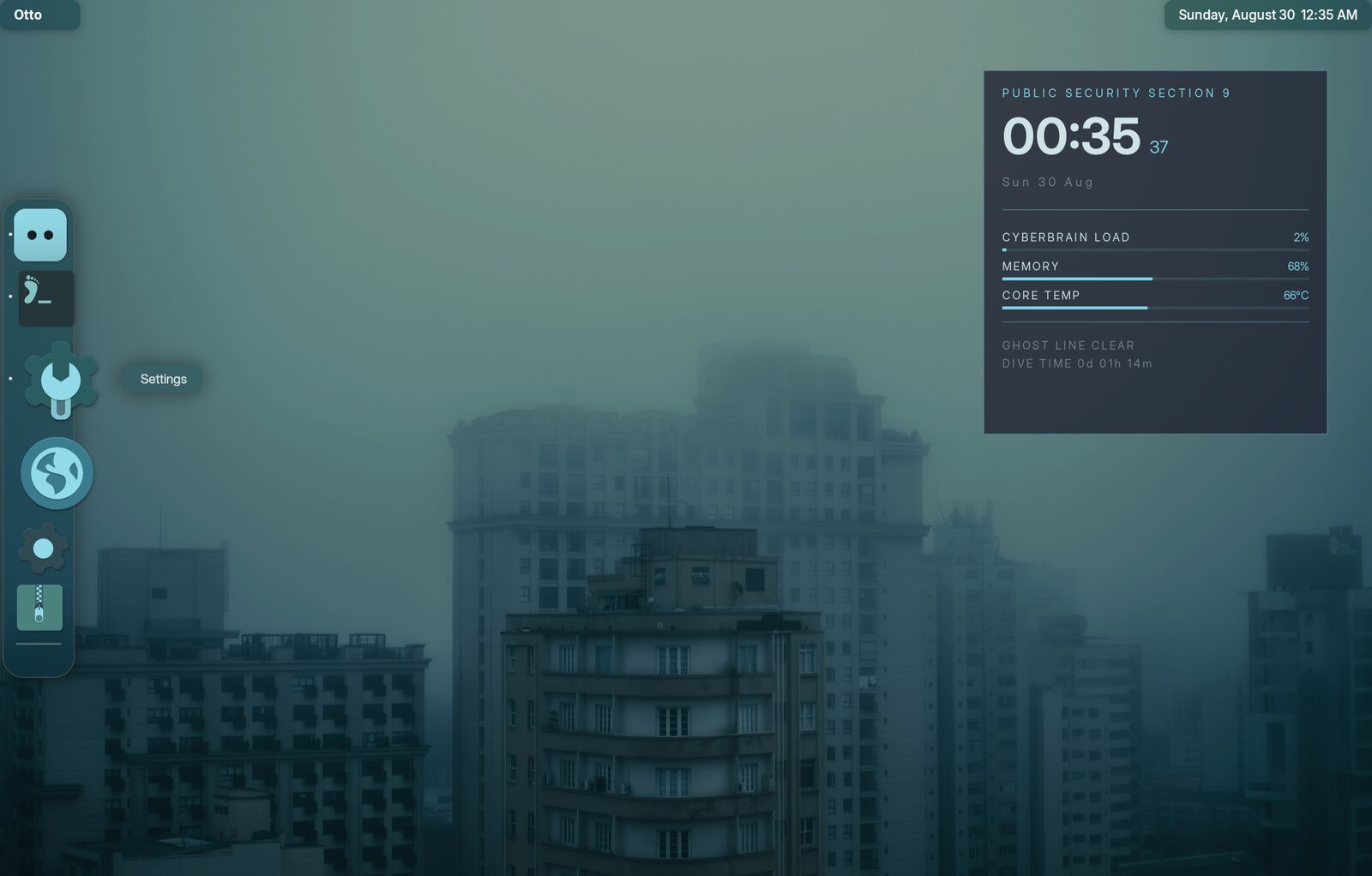 An Otto desktop with the dock down the left edge and window controls on the left