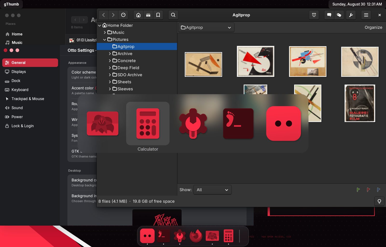 The app switcher with red-tinted icons on a dark Otto desktop