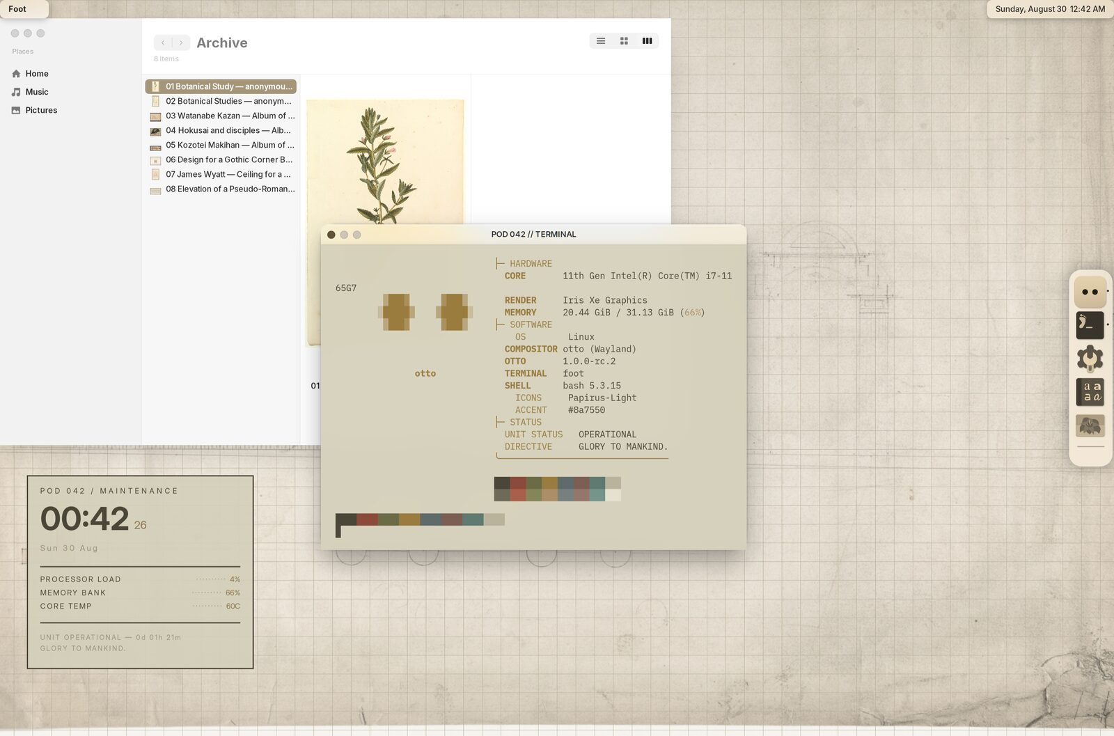 A light Otto desktop with a tan accent and a sepia-tinted dock