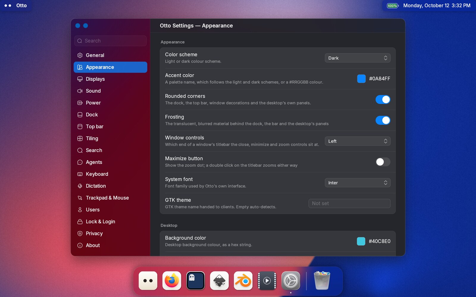 Otto Settings on its Appearance pane: colour scheme, a blue accent swatch, rounded corners, frosting and where the window controls sit, with the sidebar of panes on the left