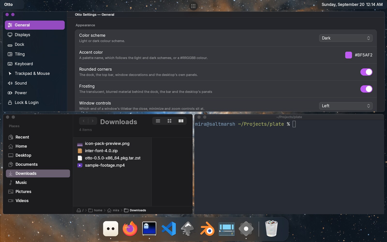 A tiled workspace: Otto Settings, a Files window and a terminal each filling their own cell, with no overlap