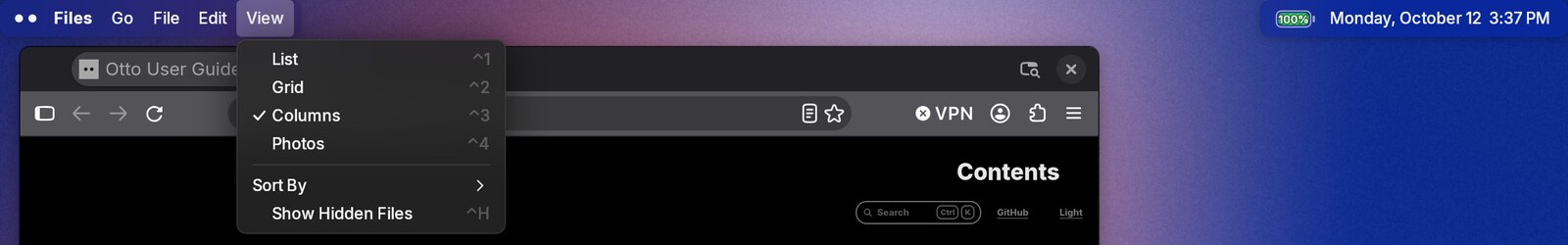 The top bar with Files focused: its View menu open from the bar, listing the view modes with their shortcuts, and the battery and clock on the right