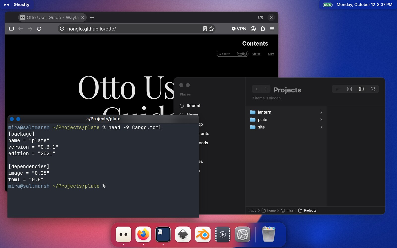 Three overlapping windows: a terminal in front with coloured window controls, and a browser and a Files window behind it with their controls greyed out